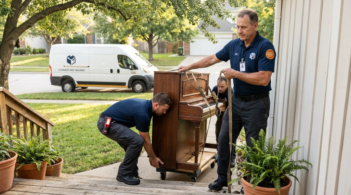 Licensed piano movers securing grand piano in Denver, CO