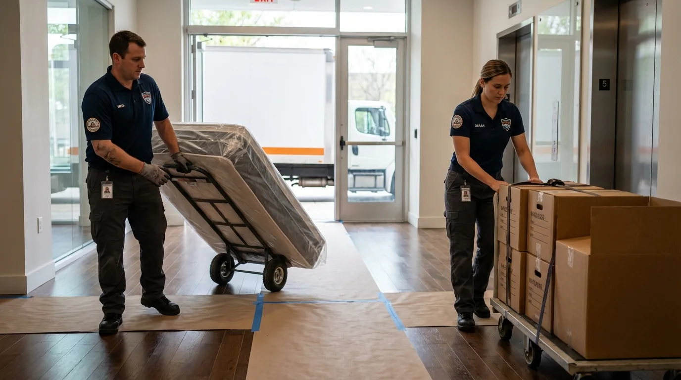 Professional apartment movers loading elevator in Denver, CO